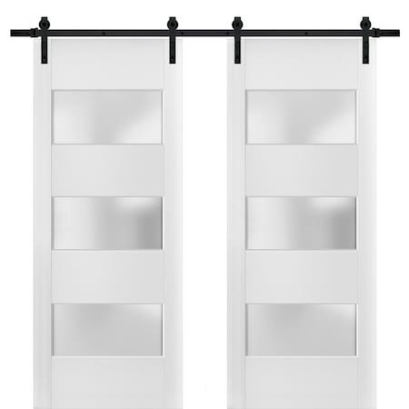 Sartodoors Sturdy Double Barn Door with Frosted Glass 3 Lites, Lucia 4070 White Silk, 13FT Rail Hangers Heavy LUCIA4070DB-B-WS-64 x 80 (2* 32x80)
