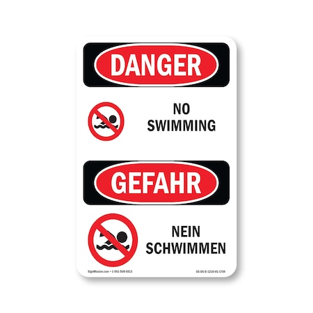 Signmission Safety Sign, OSHA Danger, 18" Height, No Swimming Bilingual, D-1218-VG-1709 OS-DS-D-1218-VG-1709
