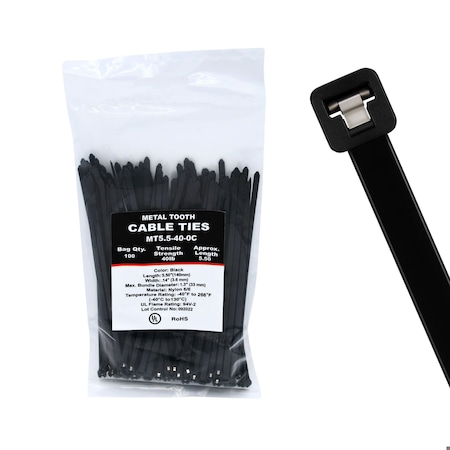 Cable Ties Unlimited Metal Tooth Cable Tie, 5.5 in L, 40 lb Strength, 1.1 in Max Bundle Dia, Nylon, UV-Res, Black, 100PK MT5.5-40-0C