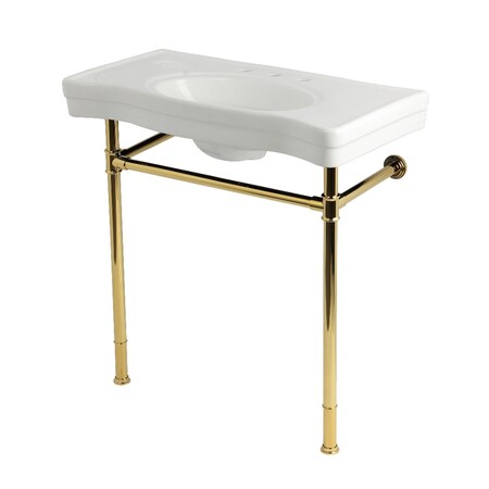 Kingston Brass 36" Ceramic Console Sink with Stainless Steel Legs, 8-Inch, 3-Hole, White/Polished Brass KVPB36198W82