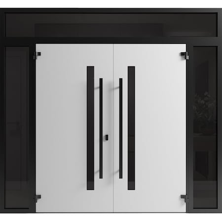 Vdomdoors Front Exterior Prehung Aluminum Double Doors Ronex0144 Grey 2 Sidelights and Top Transom Mirrored RONEX0144DEXD-GRE-W14+72+14xH80+14-RH-I