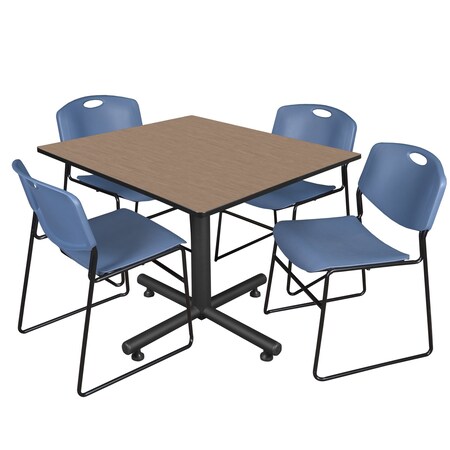 Regency Square Kobe Breakroom Table W/ 4 Zeng Stack Chairs, 48 in W, 48 in L, Noble Oak TKB4848NO44BE