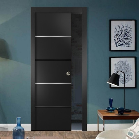 Sartodoors Sliding French Pocket Door with, Planum 0020 Matte Black, Kit Trims Rail Hardware, Solid Wood Inter PLANUM0020PD-BLK-3284