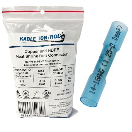 Kable Kontrol Butt Splice Wire Connector, 14 AWG Max, Blue, 100 PK HSBC-1614-BL