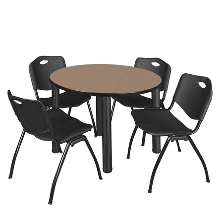 Regency Round Kee Breakroom Table W/ 4 M Stack Chairs, 36 in W, 36 in L, Noble Oak TB36RNDNOBPBK47BK