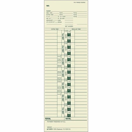 Tops Business Forms TOPS, Time Card For Cincinnati/simplex, Weekly, 3 1/2 X 10 1/2, 500PK 1255