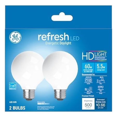 Ge Refresh Series Replacement LED Light Bulb, G25 Lamp, 60 W Equivalent, E26 Dimmable, Frosted, PK2 31709