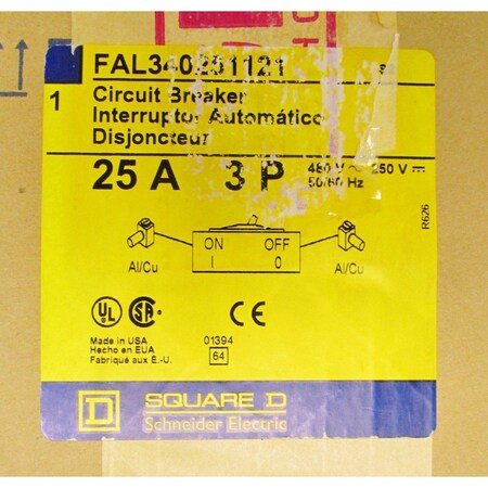 Square D 3 Pole 25 Amp FAL Breaker 120V Undervoltage Release FAL340251121