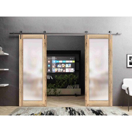 Sartodoors Sturdy Double Barn Door with Frosted Glass Planum 2102 Oak 48x96 (2* 24x96) Solid Core PLANUM2102DB-S-DUB-4896