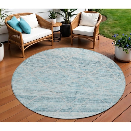 Homeroots 8' Teal Blue And Ivory Round Trellis Washable Indoor Outdoor Area Rug 616498