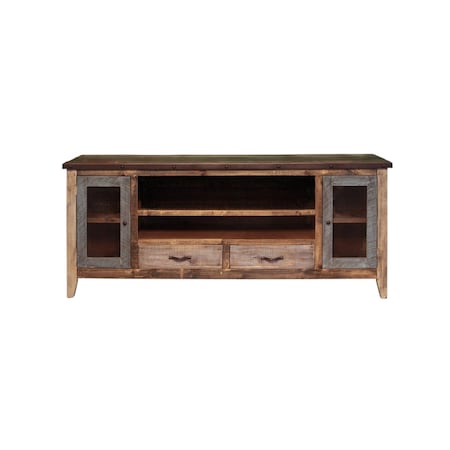 Homeroots 76" Brown Solid Wood Cabinet Enclosed Storage Distressed TV Stand 528764