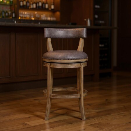 Homeroots 31" Gray and Cool Gray Faux Leather and Solid Wood Low Back Bar Height Swivel Bar Chair 632382