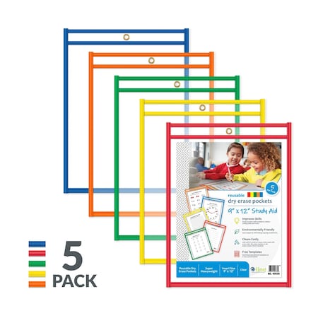 C-Line Products 9"x 12" Assorted Primary Colors Vinyl Reusable Dry Erase Pockets, 5/PK 40630