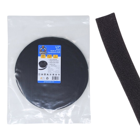 Grizzly Supply Hook and Loop Continuous Roll, 75 ft L, 0.5 in W, Cut to length, No Adhesive, Black, 1PK GS-HL1/2-0-25