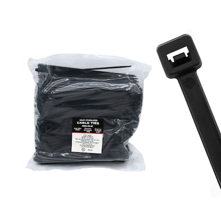 Cable Ties Unlimited Heat Stabilized Cable Tie, 8 in L, 40 lb Strength, 2.2 in Max Bundle Dia, Nylon, UV-Res, Blk, 1000PK HS8-40-M