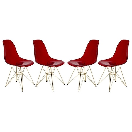 Leisuremod Cresco Plastic Dining Side Chair with Gold Base, Transparent Red, 4PK CR19TRG4