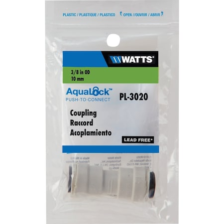 Watts 3/8'' x 3/8'' OD Tubing Quick Connect Plastic Coupling PL-3020