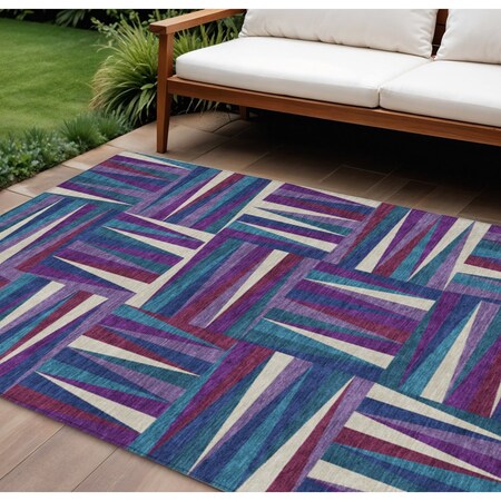 Homeroots 8' X 10' Purple Ivory And Teal Blue Geometric Washable Indoor Outdoor Area Rug 598295