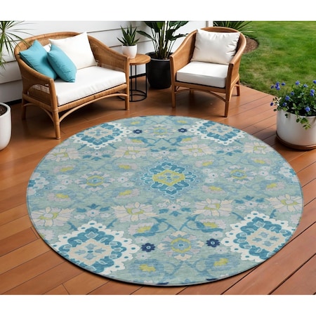 Homeroots 8' Teal Blue Green And Ivory Round Oriental Washable Indoor Outdoor Area Rug 597712