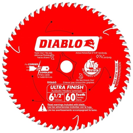 Diablo Circular Saw Blade, 6-1/2 in Dia, 5/8 in Arbor, 60-Teeth, Carbide Cutting Edge D0660A