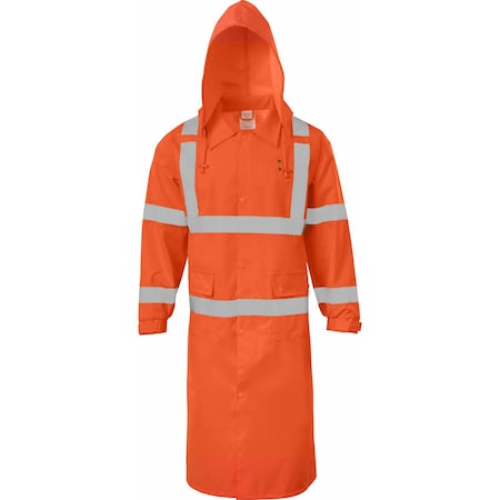 Ironwear 49" Poly/PU Hi Vis Raincoat with Zipper and Tuckaway Hood, Orange, 6X-Large 9520-O-6XL