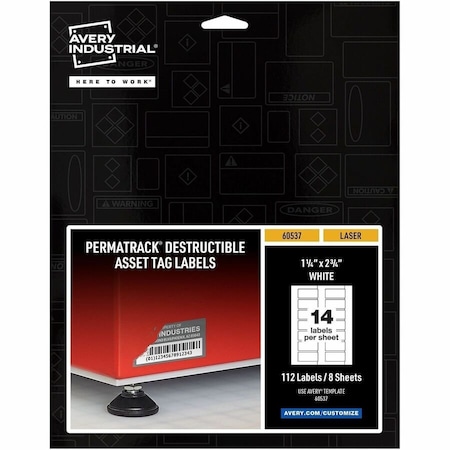 Avery Destructible Asset Tag Labels, 1-1, PK112, Film, 9.44 in W, 1-1/4" x 2-3/4" Dia., White, Rectangle 60537