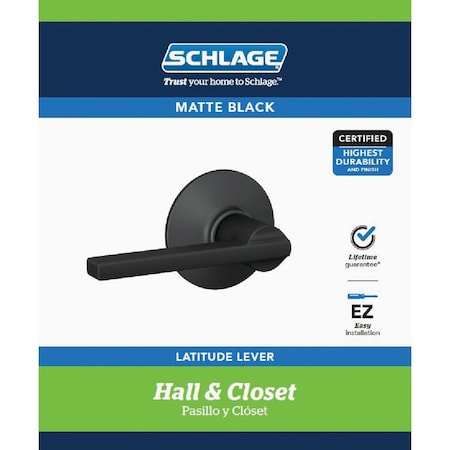 Schlage F Series Latitude Matte Black Passage Door Lever F10GLAT622