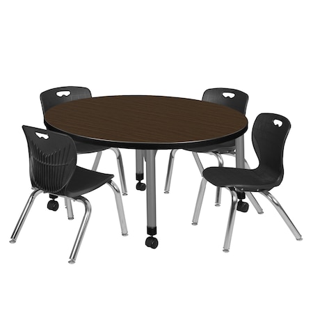 Regency Round Kee Mobile Adjustable Classroom Table W/ 4 Andy Chairs, 36 in W, 36 in L, Neo Walnut TB36RNDNWAPCGY45BK