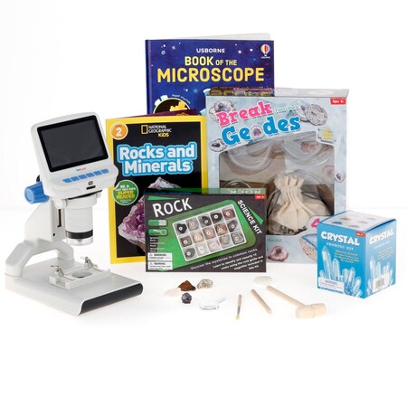 Amscope Kid's Natural Geode Discoverer Set featuring 1080P HD Portable LCD Digital Color Microscope, Ultimat KVB-GEO-140-DIS