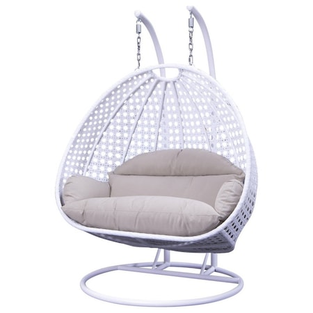 Leisuremod Wicker Hanging 2 person Egg Swing Chair With Outdoor Cover, White / Beige ESC57WBG-C