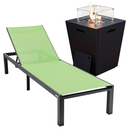 Leisuremod Marlin Modern Black Aluminum Patio Chaise Lounge Chair with Square Fire Pit Side Table, Green MLBLCF21-77G