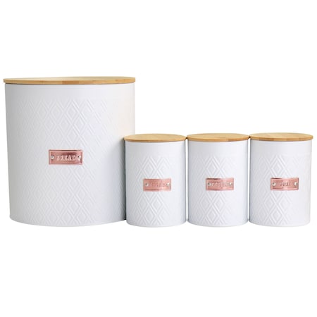 Megachef Kitchen Food Storage and Organization 4 Piece Argyle Canister Set in White with Bamboo Lids MG-555