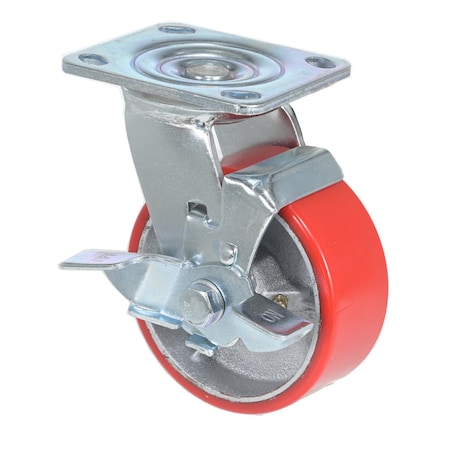 Vestil Polyurethane Swivel With Brake Caster 5 In. Diameter x 2 In. Width 661 Lb. Capacity Red CST-PU-5X2-S-BR