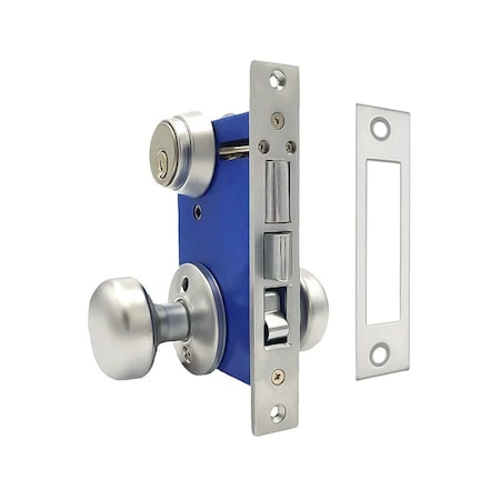 Ecs Hardware Durable Mortise Lockset Gate Lock with Knob US26D Silver SC1 Keyway, Double Sided, Left Handed ECSH-MLD02-SS-SC1-RH