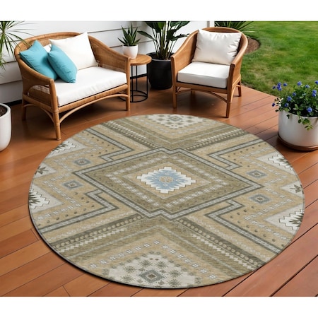 Homeroots 8' Beige Gray And Ivory Round Tribal Washable Indoor Outdoor Area Rug 598090