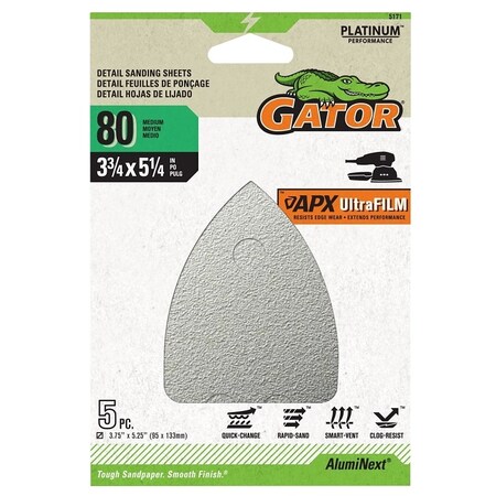 Gator Mouse Sander Abrasive Sheet, 5-1/4 in L, 3-3/4 in W, Medium, 80 Grit, Aluminum Oxide Abrasive 5171