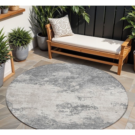 Homeroots 8' Gray And Beige Round Abstract Washable Indoor Outdoor Area Rug 599498