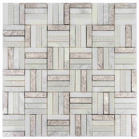 Apollo Tile Artisana 12x12 in. Silver White Polished, Textured, Foiled Stone Block Basketweave Mosaic Tile, 5PK APLBST8802A