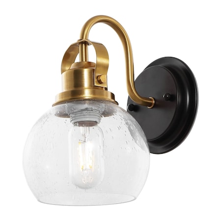 Jonathan Y Shirley 6" 1-Light Farmhouse Industrial Metal LED Vanity Light w/Seeded Glass Globe Shade, Brass Gold JYL7400B