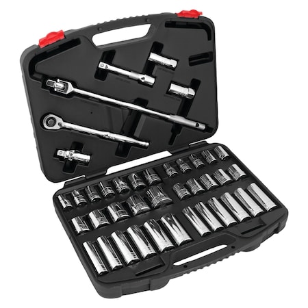 Performance Tool 40 pc. 1/2 in. Dr. Socket Set, Ratchet, SAE/Metric Sockets, Storage Case W32905