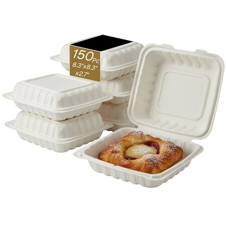 Eco Harmony Products Clamshell Hinged Food Storage Container, MFPP, Corner Lock, 8.3" x 8.3", 150PK 804590