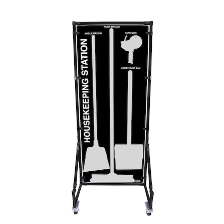5S Supplies Housekeeping Shadow Board Broom Station V7, Black / Gray, Kit + Stand HSB-V7-BLACK/GRAY-KIT-STAND