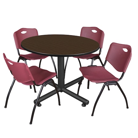 Regency Round Kobe Breakroom Table W/ 4 M Stack Chairs, 48 in W, 48 in L, Neo Walnut TKB48RNDNW47BY