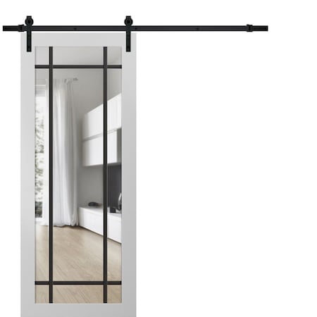 Sartodoors Sturdy Barn Door Clear Tempered Glass, Lucia 2266 White Silk and Aluminum Strips, 6.6FT Black Rail LUCIA2266BD-B-WS-42 x 80