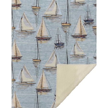 Homeroots 50" X 70" Beige Ivory And Sky Blue Sailboat Microfiber Plush Throw Blanket 712539