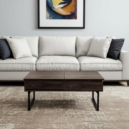 Homeroots 40" Walnut and Black Wood and Metal Lift Top Sled Coffee Table With Drawer 535056