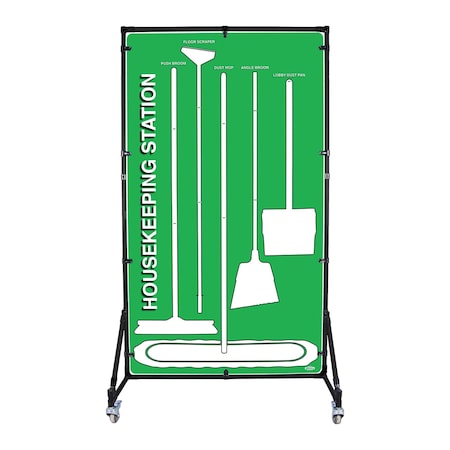 5S Supplies Housekeeping Shadow Board Broom Station V9, Green / White, Kit + Stand HSB-V9-GREEN/WHITE-KIT-STAND