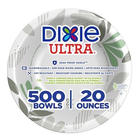 Dixie Disposable Bowl, Round, 20 fl. oz., Paper, Water, Pathways, PK500 SX20PATH