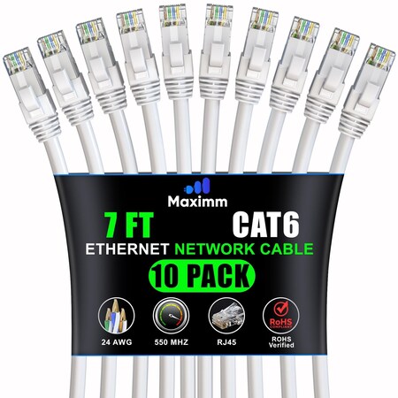 Maximm Cat6 Ethernet Cable 7ft 10Gbps 550MHz UTP, 10PK, White, 10PK CAT6CCA-7WH-10PK