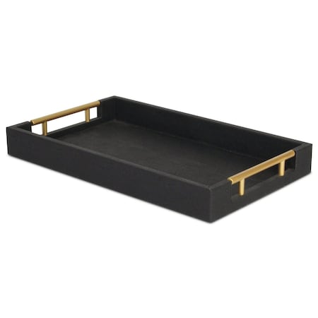Homeroots 16in Black Wood and Vinyl Faux Shagreen Serving Tray With Gold Handles 518596
